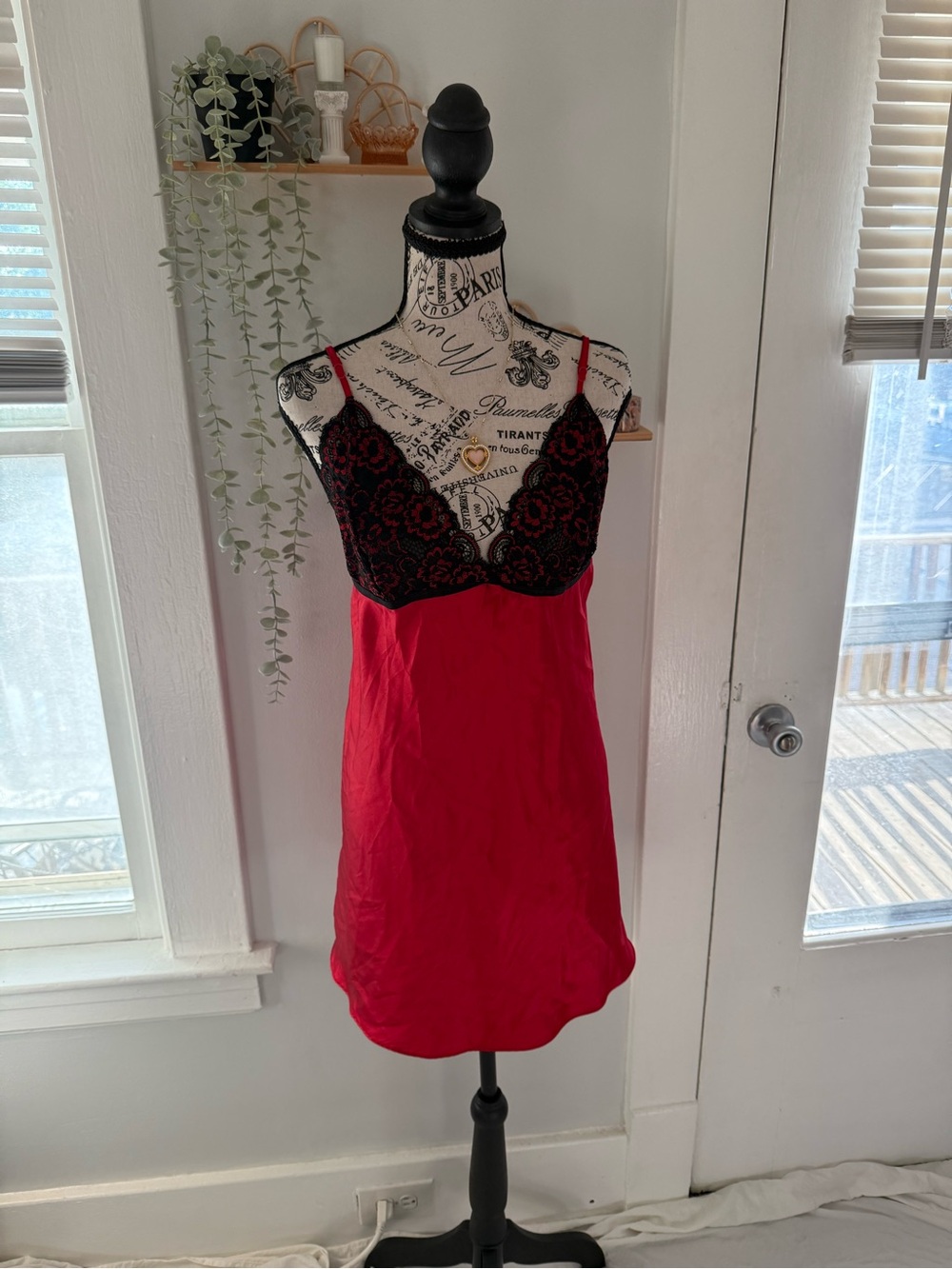 Secret Treasures Red Satin Slip with Black Lace Bodice